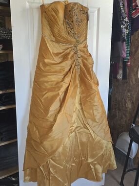 Golden Strapless Prom Gown with Beaded Bodice